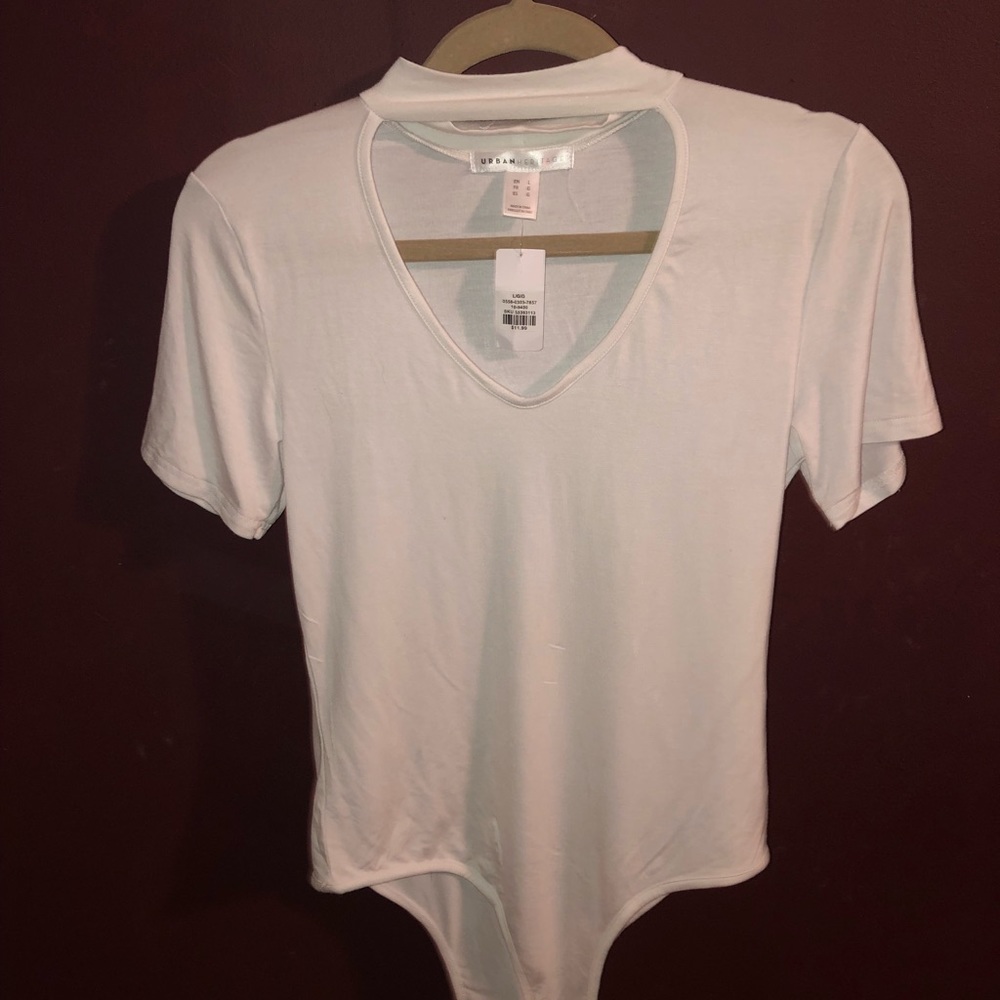 White short sleeved Body Suit with neck strap